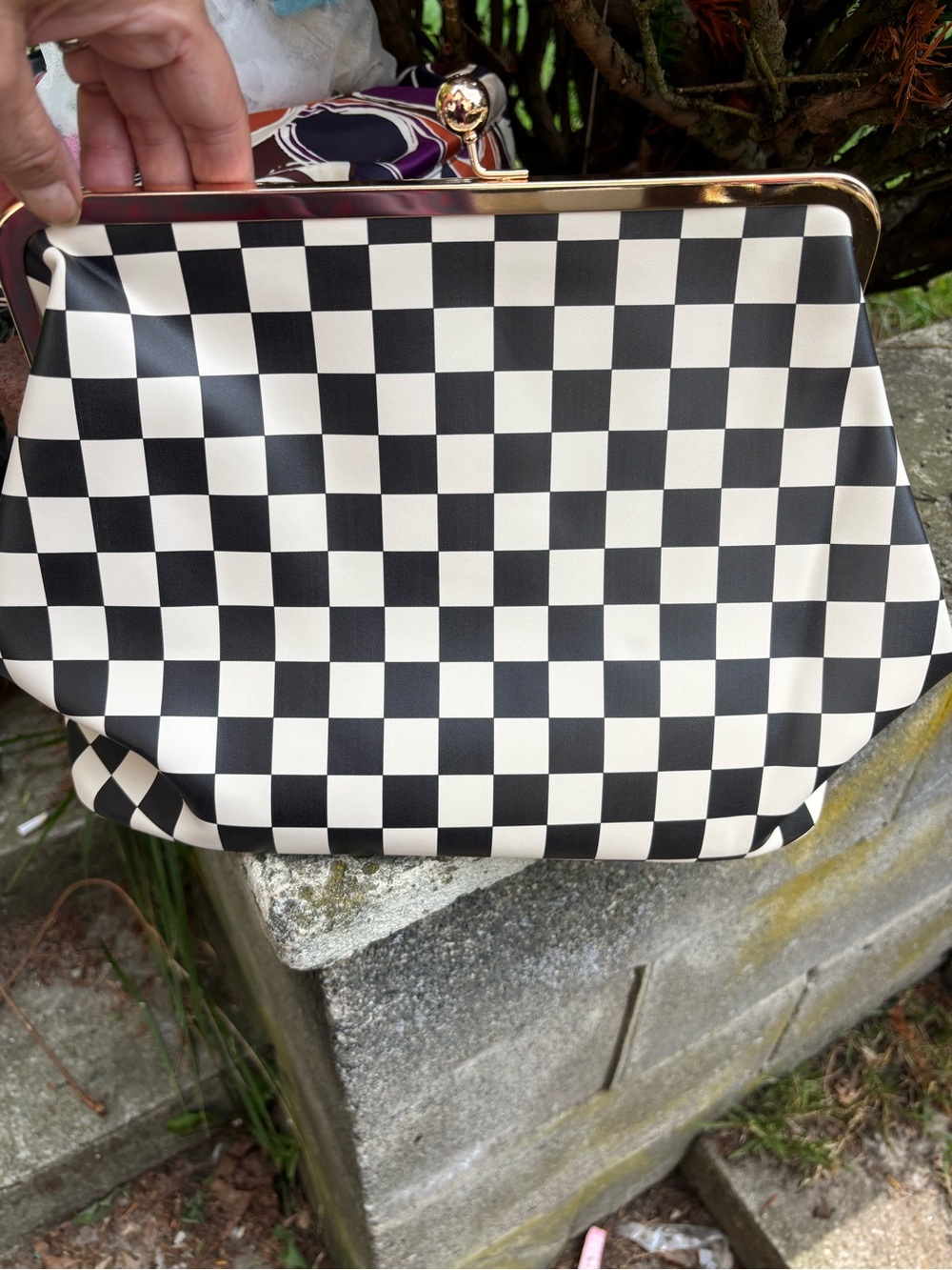 Black & White Checkered Frame-Top Clutch
